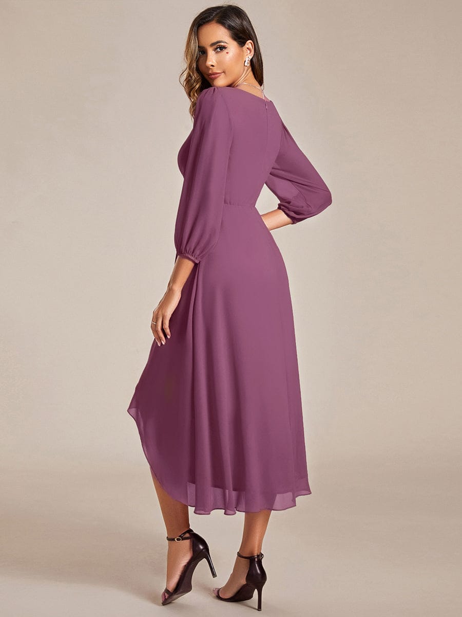 See-Through Long Sleeves V-Neck A-Line Chiffon Wedding Guest Dress #color_Damson