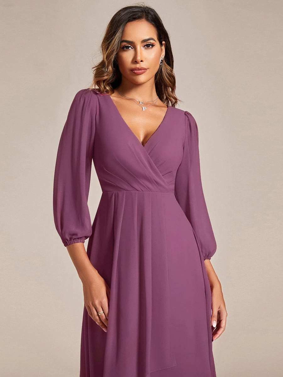See-Through Long Sleeves V-Neck A-Line Chiffon Wedding Guest Dress #color_Damson