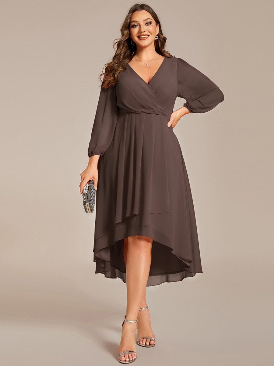 Plus Size Chiffon A-Line Long Sleeves Asymmetrical Hem Wedding Guest Dress #color_Espresso
