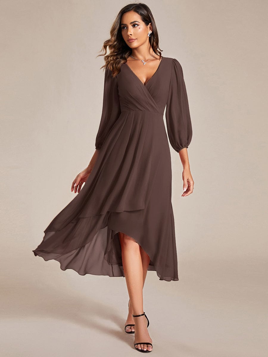 See-Through Long Sleeves V-Neck A-Line Chiffon Wedding Guest Dress #color_Espresso