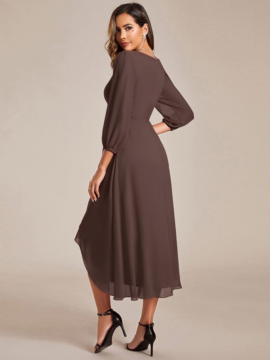 See-Through Long Sleeves V-Neck A-Line Chiffon Wedding Guest Dress #color_Espresso