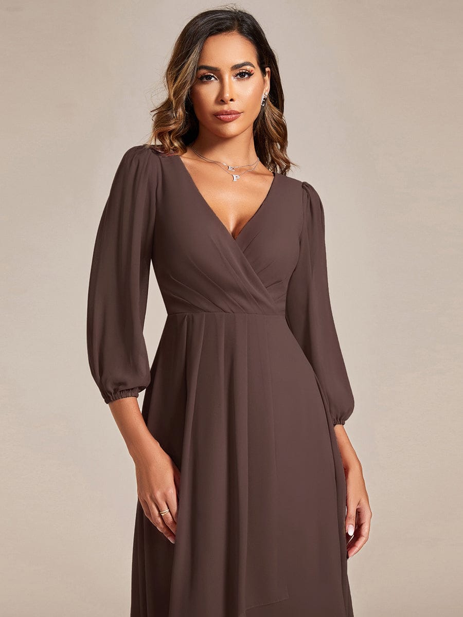 See-Through Long Sleeves V-Neck A-Line Chiffon Wedding Guest Dress #color_Espresso