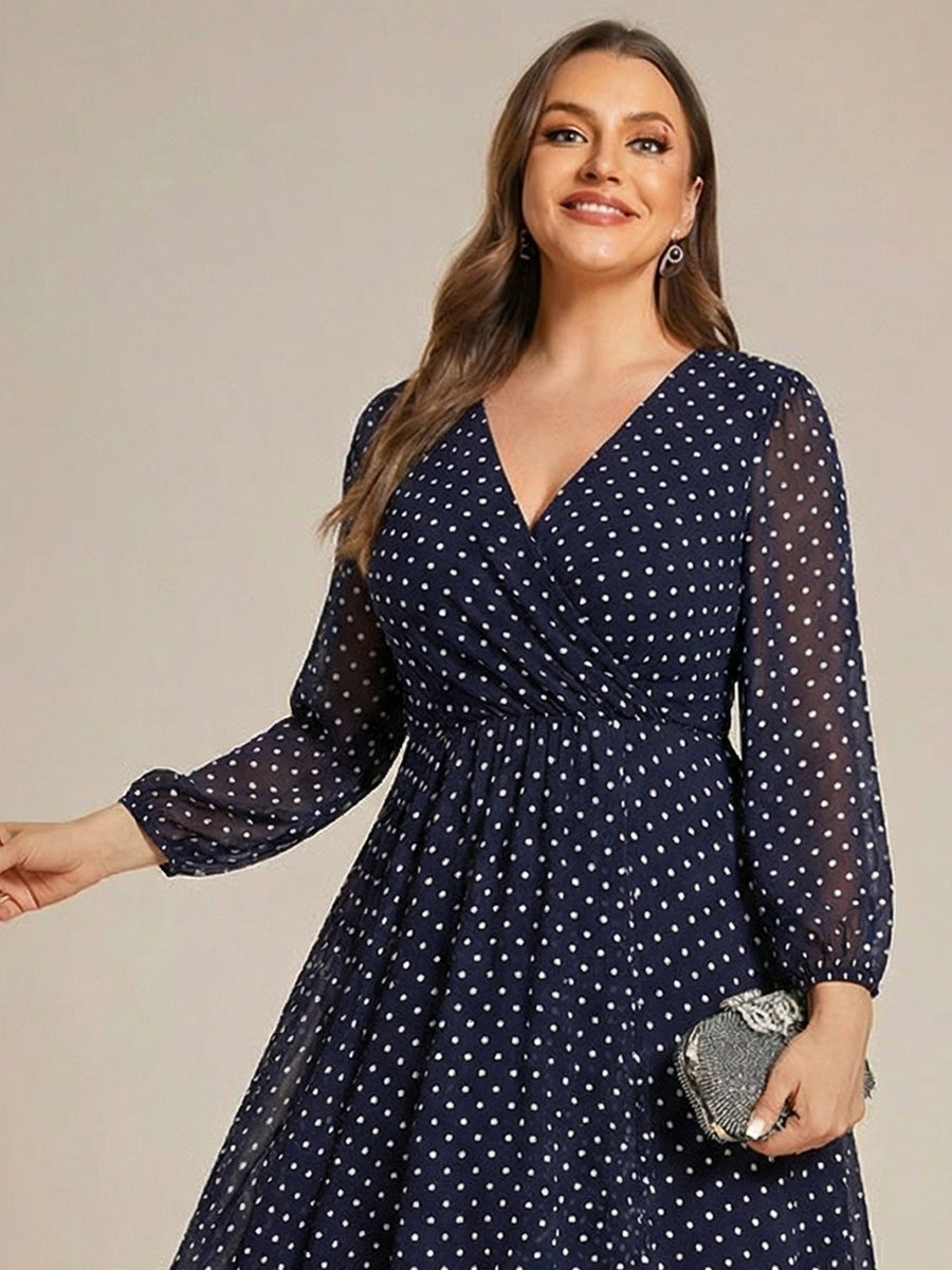 Long Sleeves Asymmetrical Hem A-Line Midi Wedding Guest Dress #color_Navy Blue Polka Dots