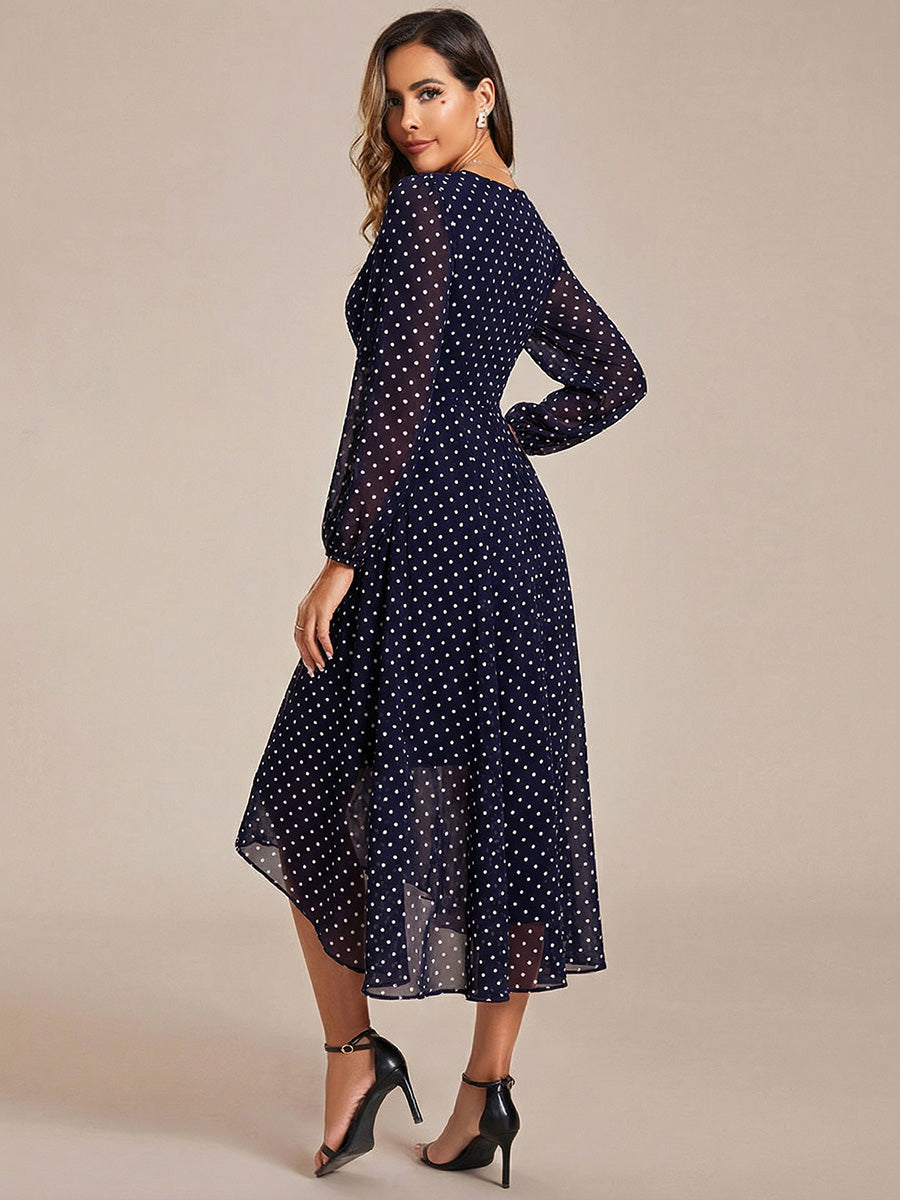 See-Through Long Sleeves V-Neck A-Line Chiffon Wedding Guest Dress #color_Navy Blue Polka Dots