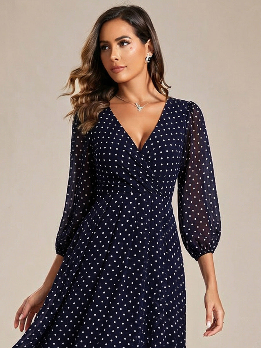 Long Sleeves Asymmetrical Hem A-Line Midi Wedding Guest Dress #color_Navy Blue Polka Dots