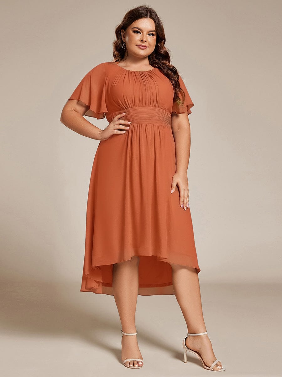 Plus Size Pleated Round Neckline A-Line Midi Chiffon Wedding Guest Dress #color_Brandied Melon