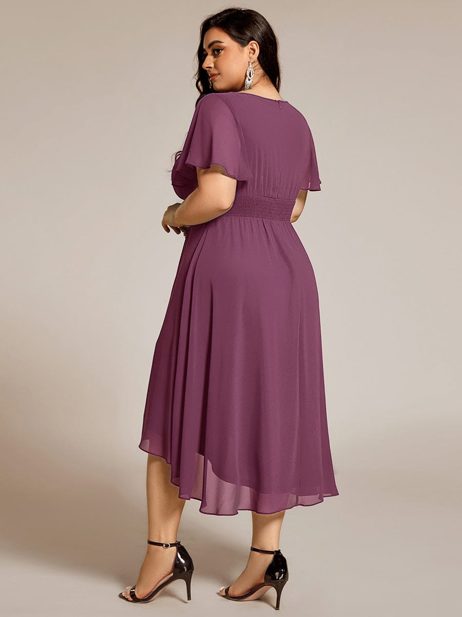 Plus Size Pleated Round Neckline A-Line Midi Chiffon Wedding Guest Dress #color_Damson