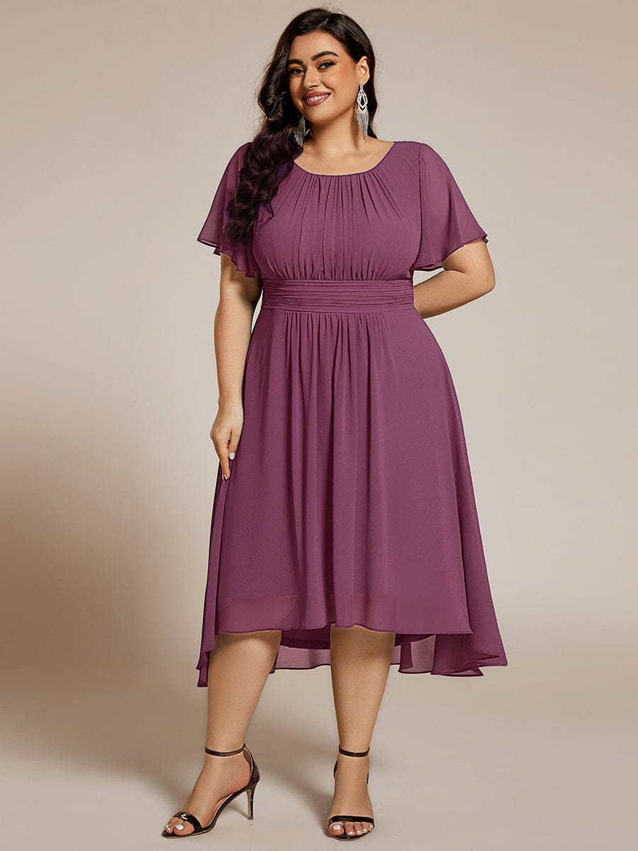 Chic A-Line Pleated Knee-Length Flowy Chiffon Wedding Guest Dress #color_Damson