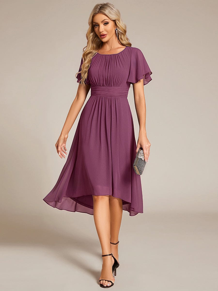 Chic A-Line Pleated Knee-Length Flowy Chiffon Wedding Guest Dress #color_Damson