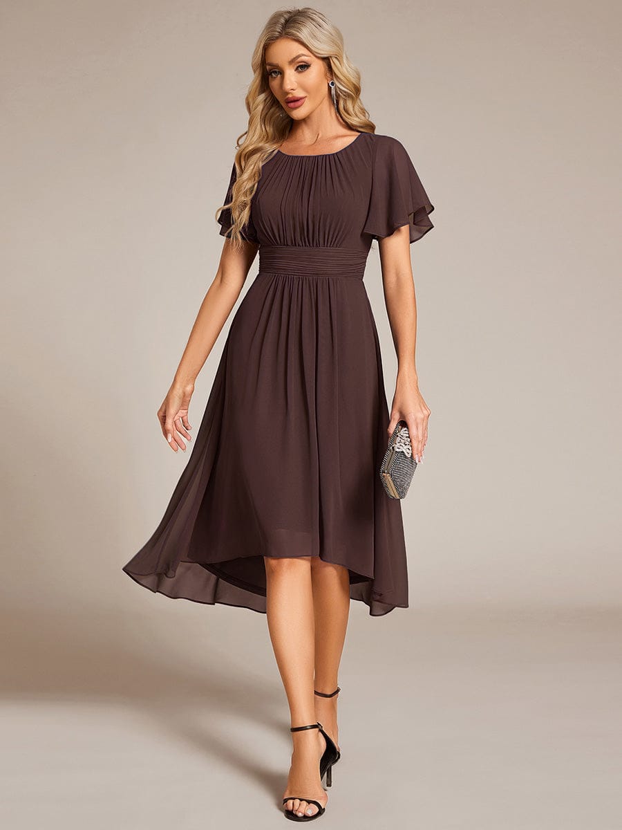 Chic A-Line Pleated Knee-Length Flowy Chiffon Wedding Guest Dress #color_Espresso