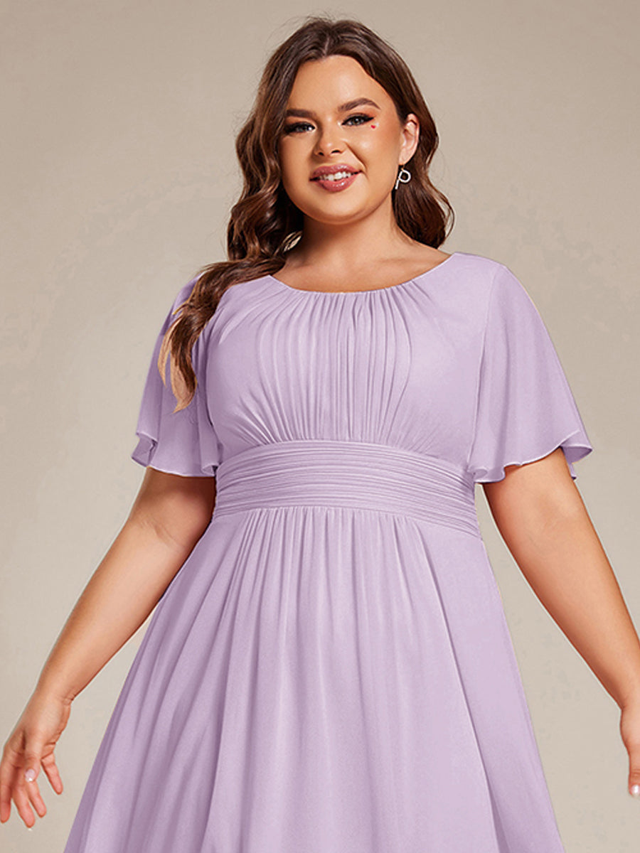 Plus Size Pleated Round Neckline A-Line Midi Chiffon Wedding Guest Dress #color_Frosted Lilac