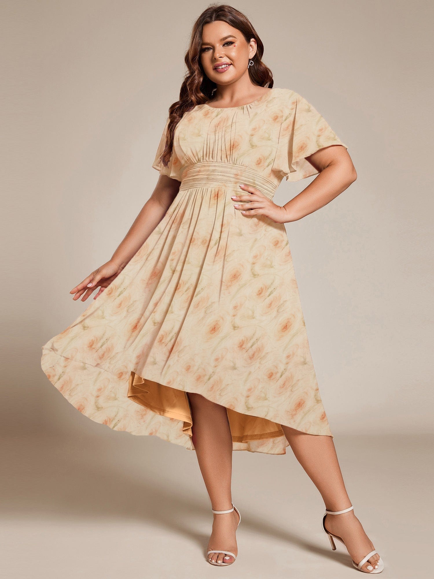 Chic A-Line Pleated Knee-Length Flowy Chiffon Wedding Guest Dress #color_Golden Roses