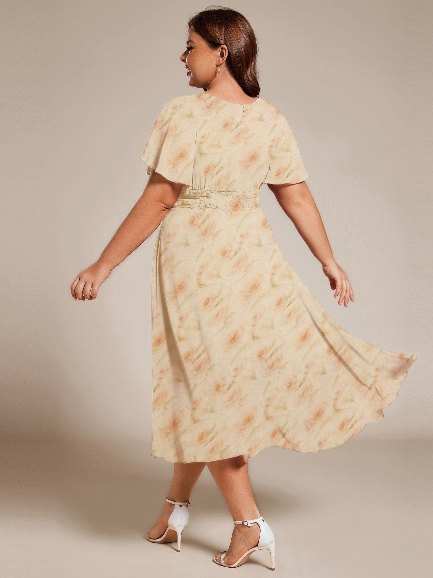 Chic A-Line Pleated Knee-Length Flowy Chiffon Wedding Guest Dress #color_Golden Roses