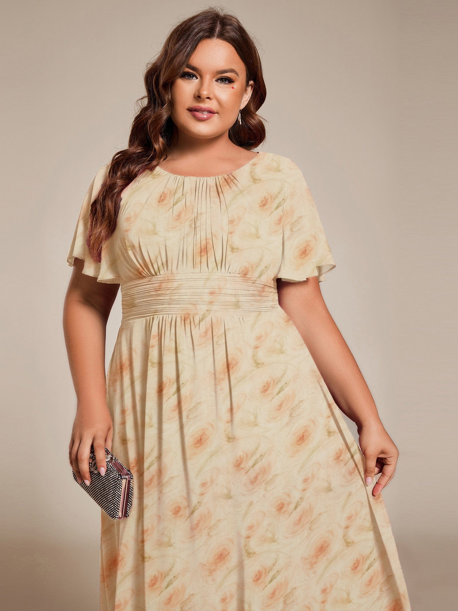 Chic A-Line Pleated Knee-Length Flowy Chiffon Wedding Guest Dress #color_Golden Roses