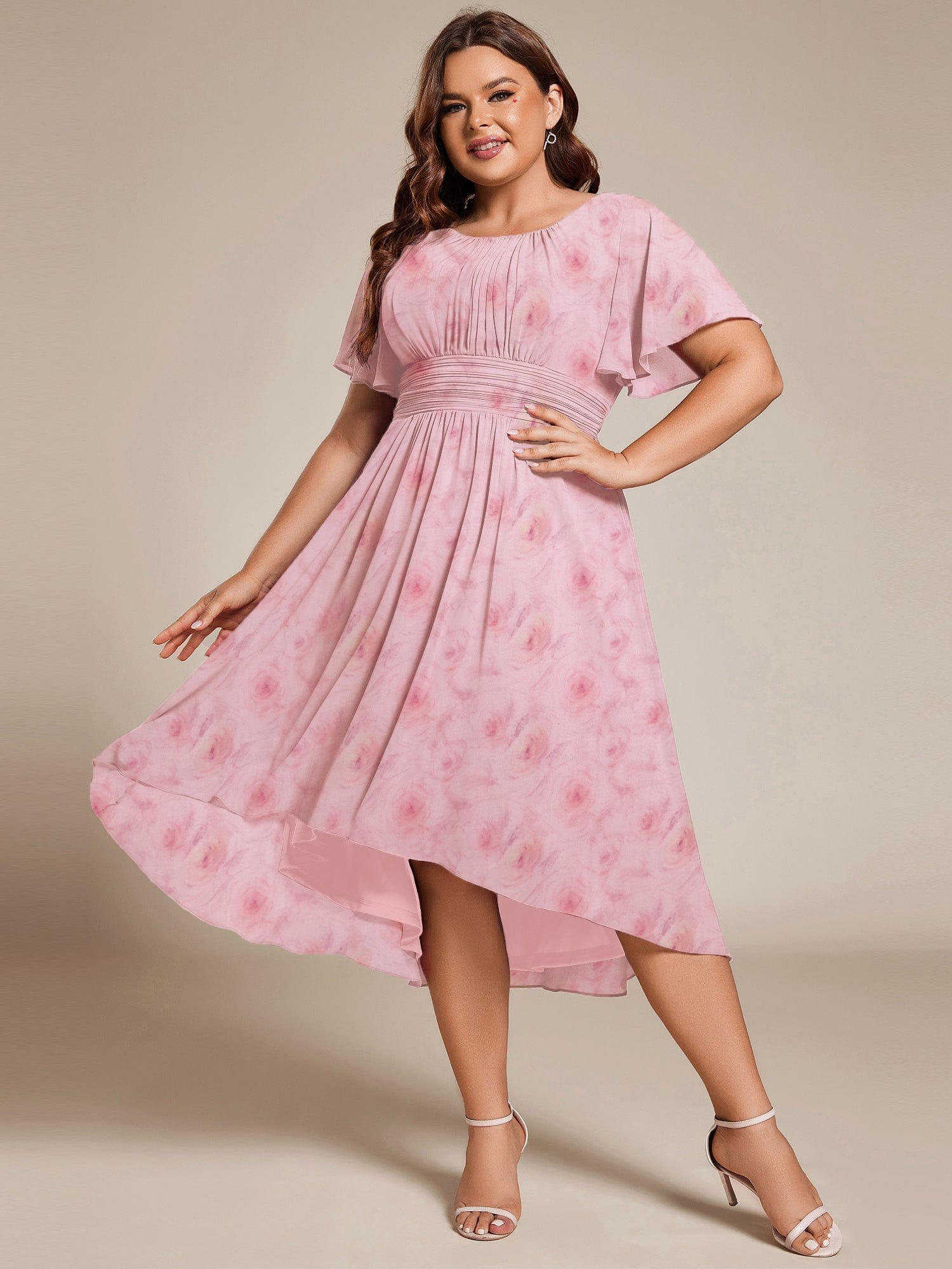 Chic A-Line Pleated Knee-Length Flowy Chiffon Wedding Guest Dress #color_Light Purple Roses