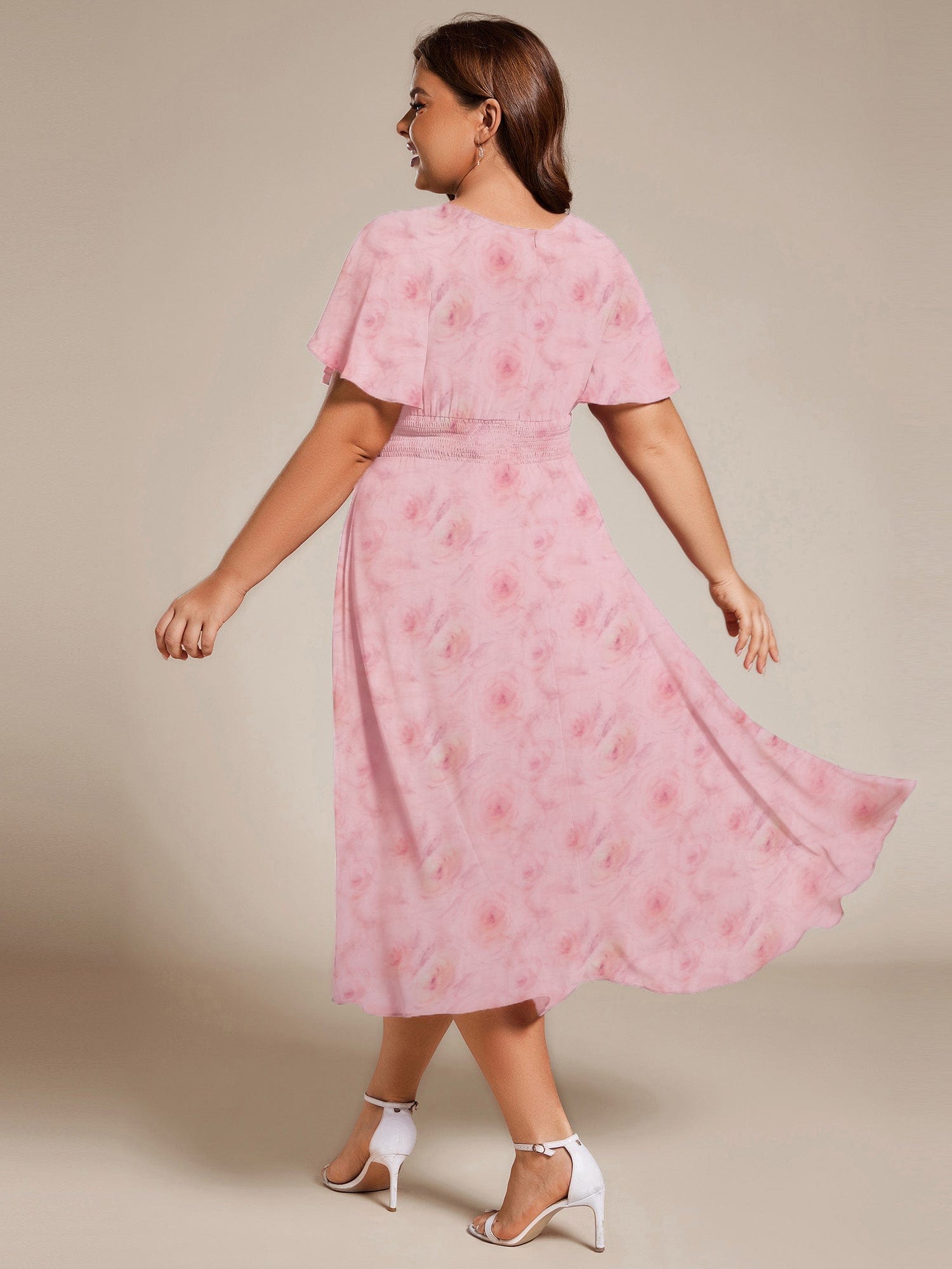 Chic A-Line Pleated Knee-Length Flowy Chiffon Wedding Guest Dress #color_Light Purple Roses