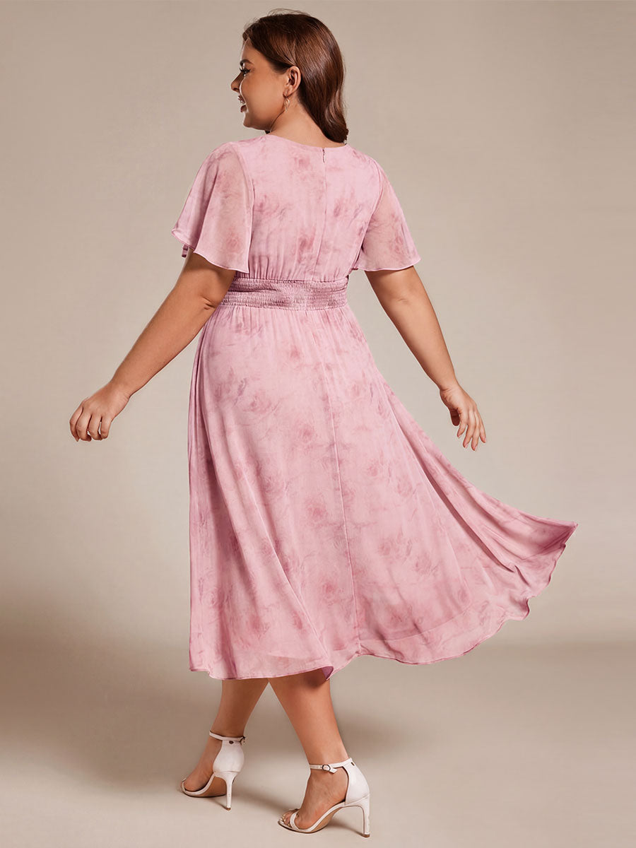 Plus Size Pleated Round Neckline A-Line Midi Chiffon Wedding Guest Dress #color_Light Purple Roses