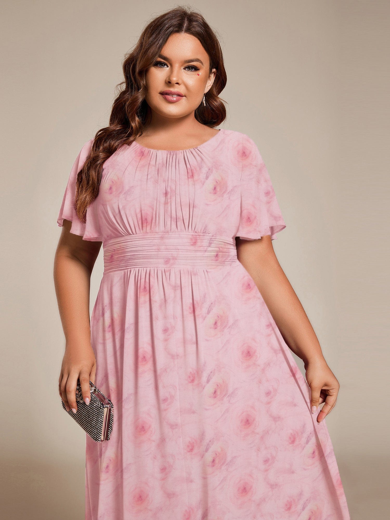 Chic A-Line Pleated Knee-Length Flowy Chiffon Wedding Guest Dress #color_Light Purple Roses