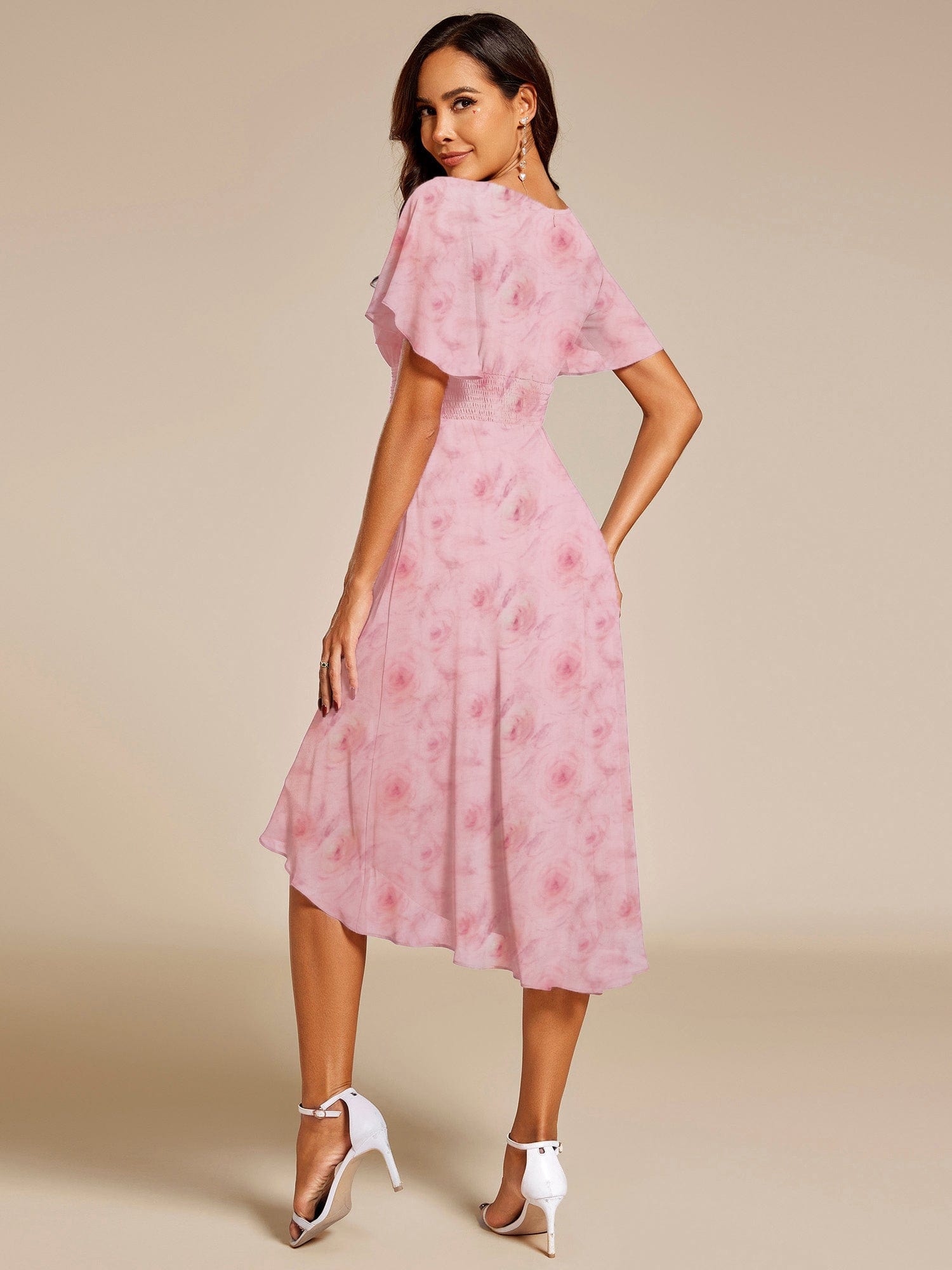 Chic A-Line Pleated Knee-Length Flowy Chiffon Wedding Guest Dress #color_Light Purple Roses