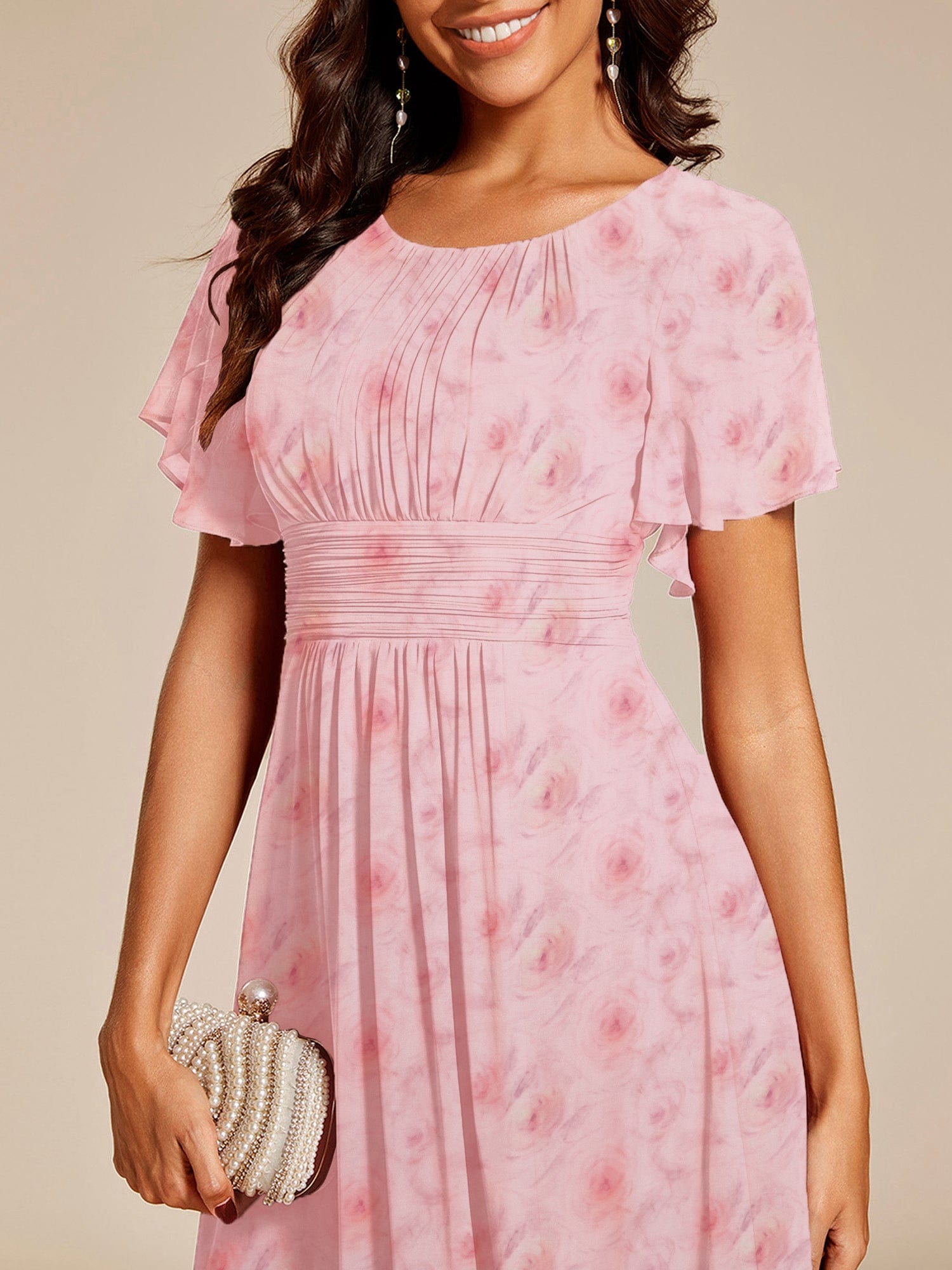 Chic A-Line Pleated Knee-Length Flowy Chiffon Wedding Guest Dress #color_Light Purple Roses