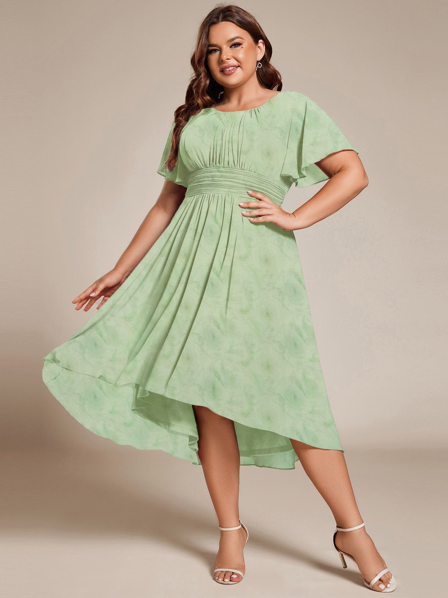 Chic A-Line Pleated Knee-Length Flowy Chiffon Wedding Guest Dress #color_Light Green Roses