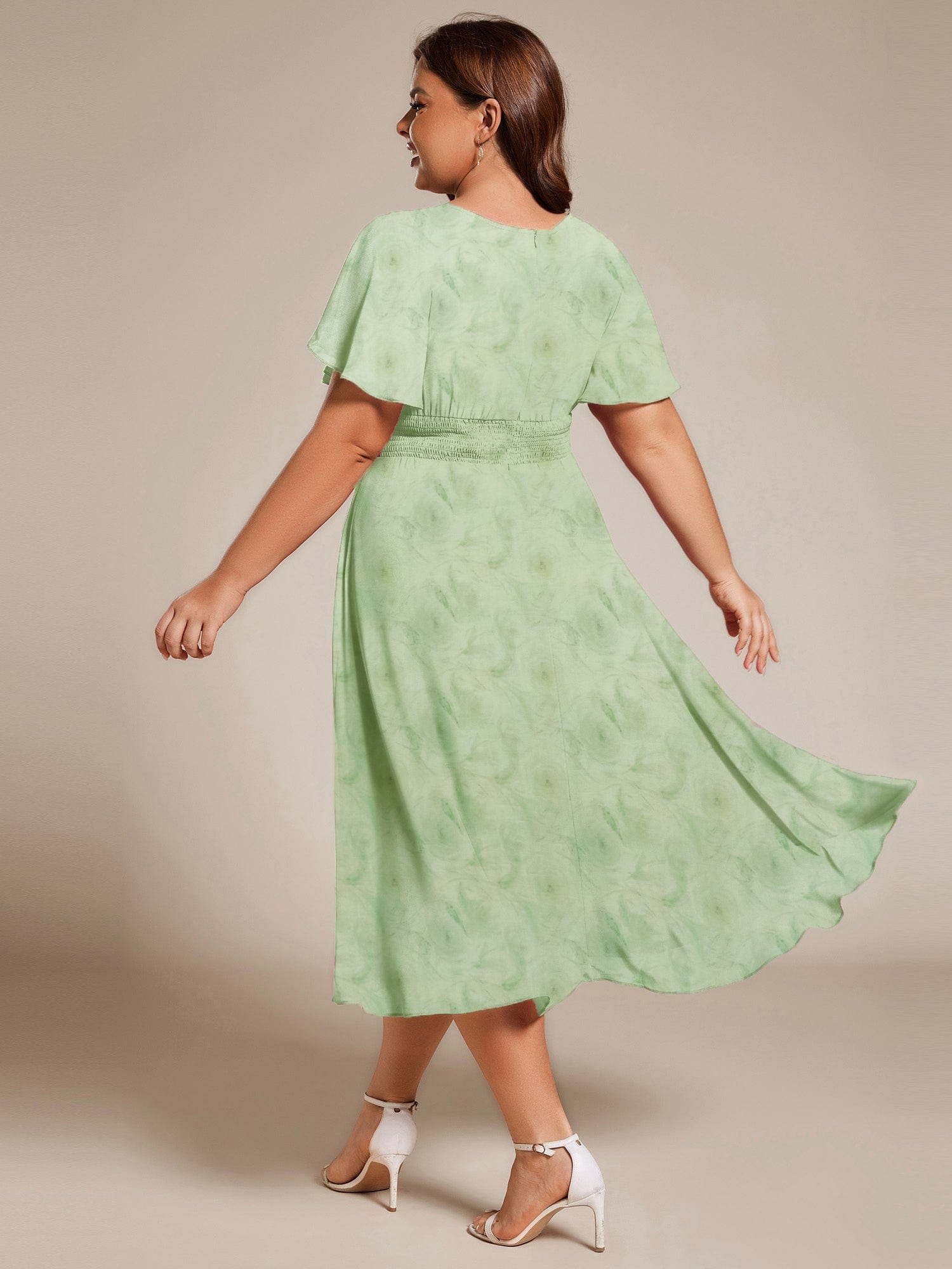 Chic A-Line Pleated Knee-Length Flowy Chiffon Wedding Guest Dress #color_Light Green Roses