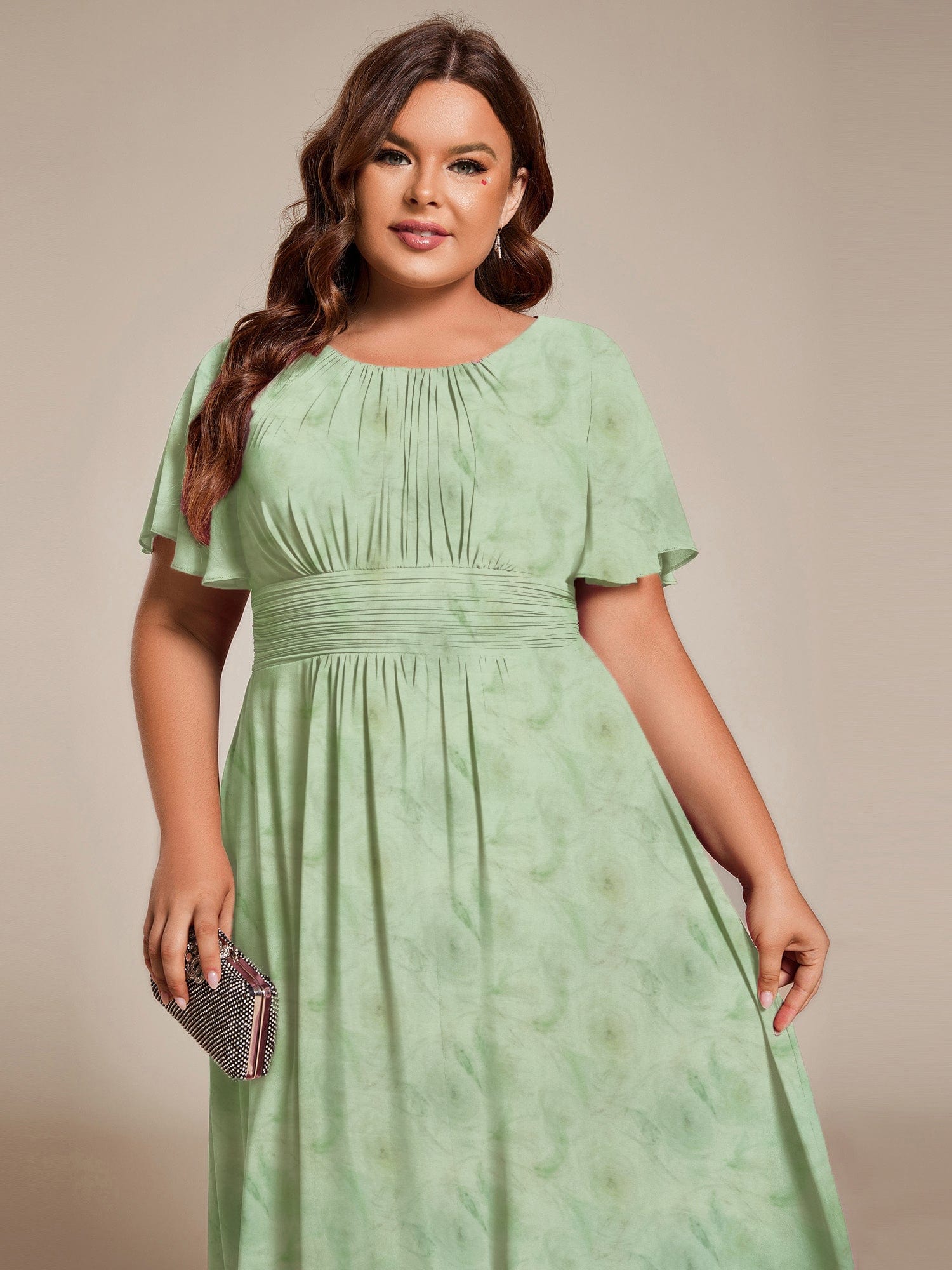 Chic A-Line Pleated Knee-Length Flowy Chiffon Wedding Guest Dress #color_Light Green Roses