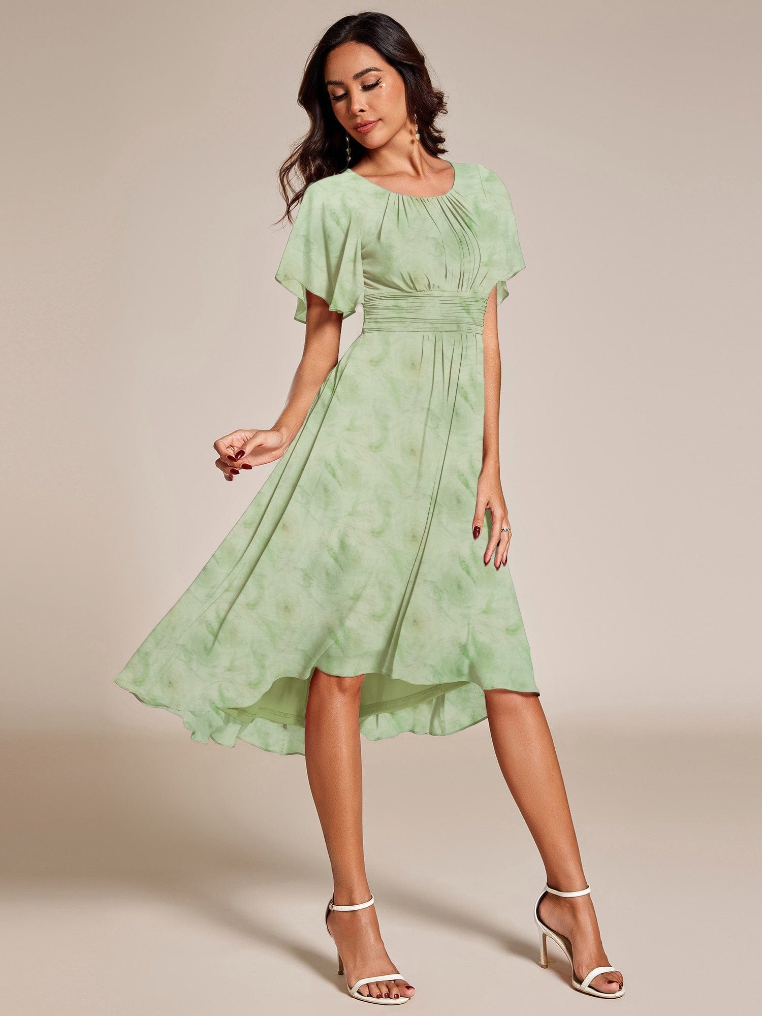 Chic A-Line Pleated Knee-Length Flowy Chiffon Wedding Guest Dress #color_Light Green Roses