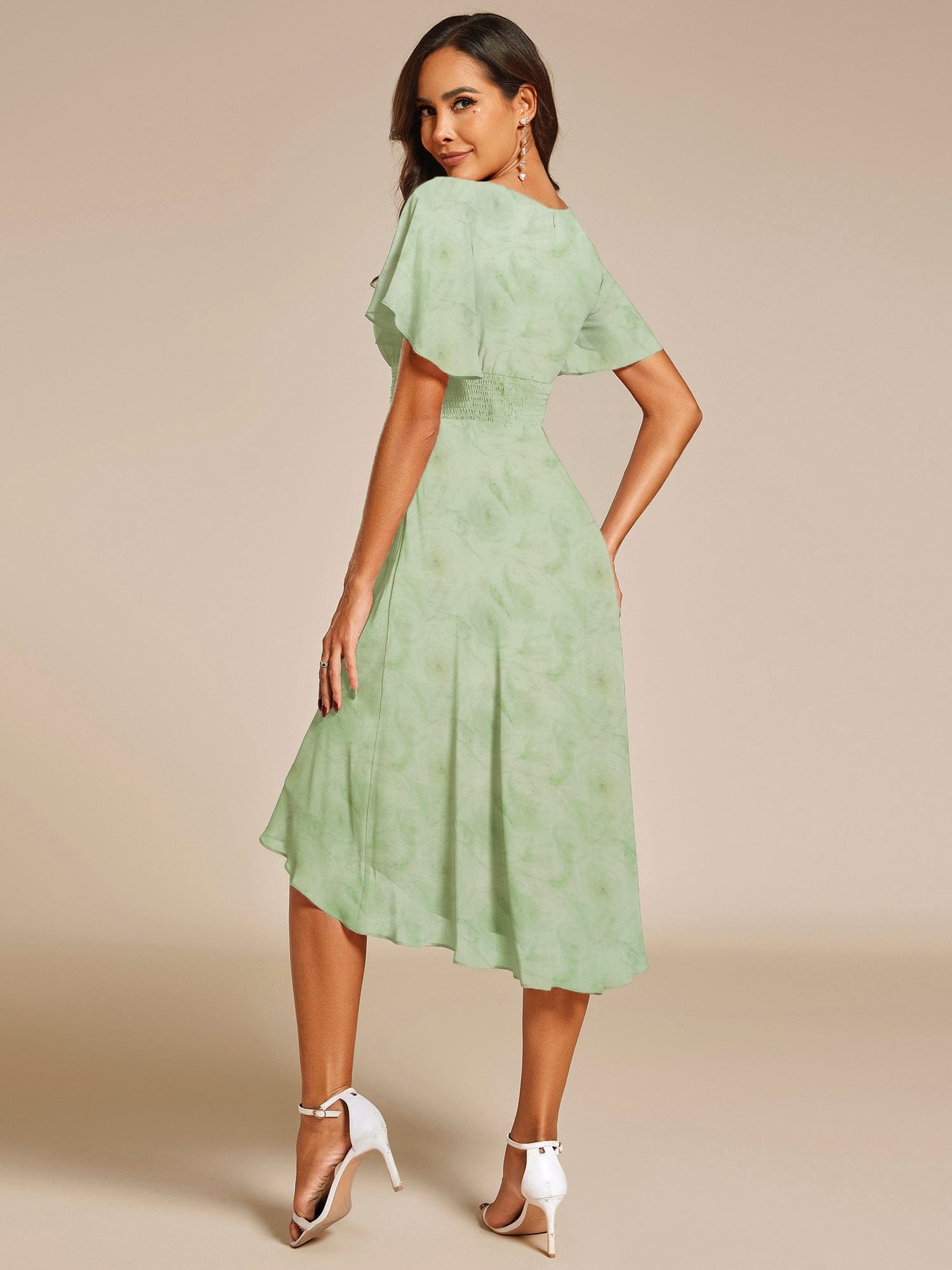 Chic A-Line Pleated Knee-Length Flowy Chiffon Wedding Guest Dress #color_Light Green Roses