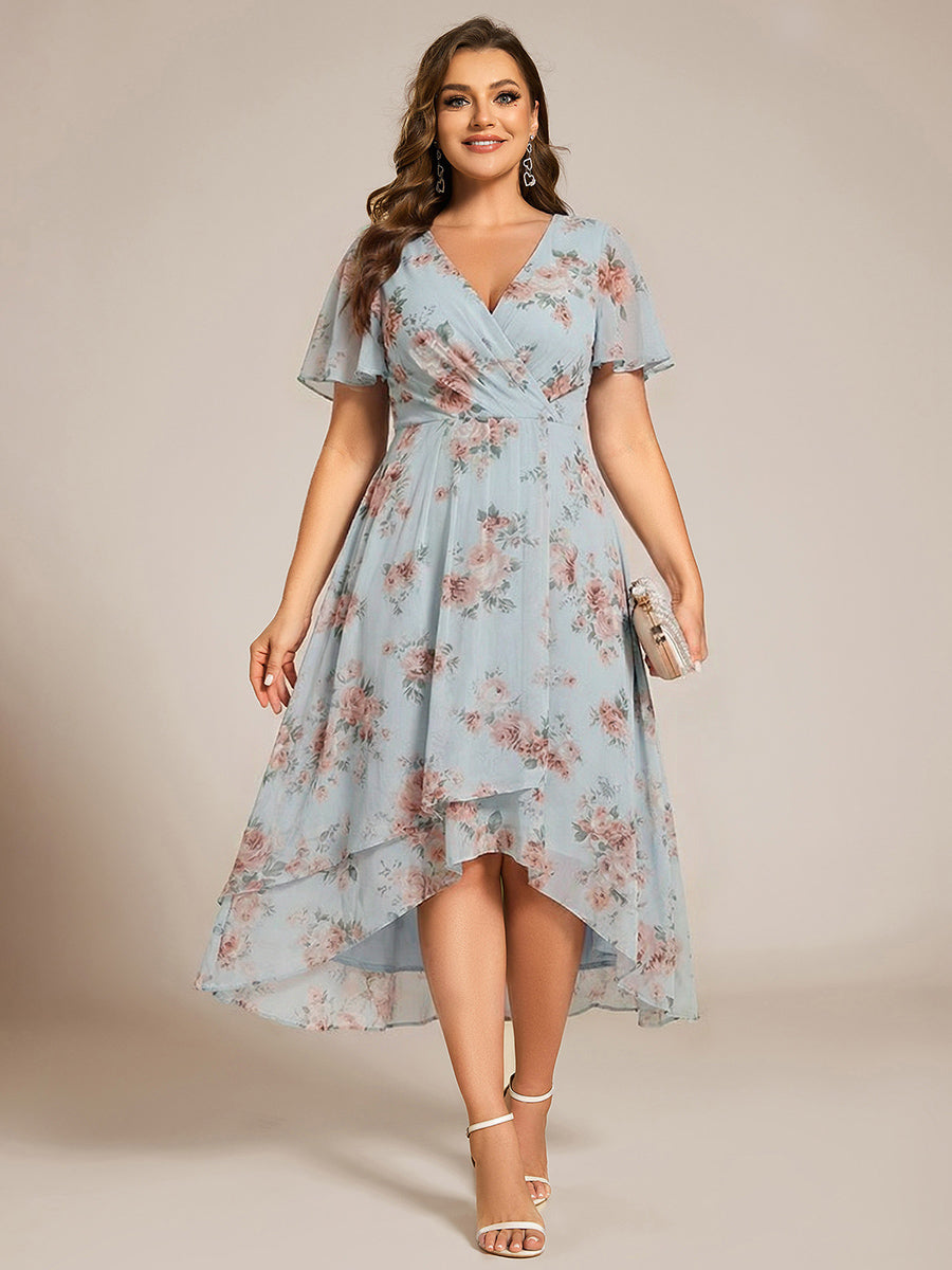 Plus Size Chiffon Short Sleeves Pleated V-Neck A-Line Midi Wedding Guest Dress #color_Amber Bloom