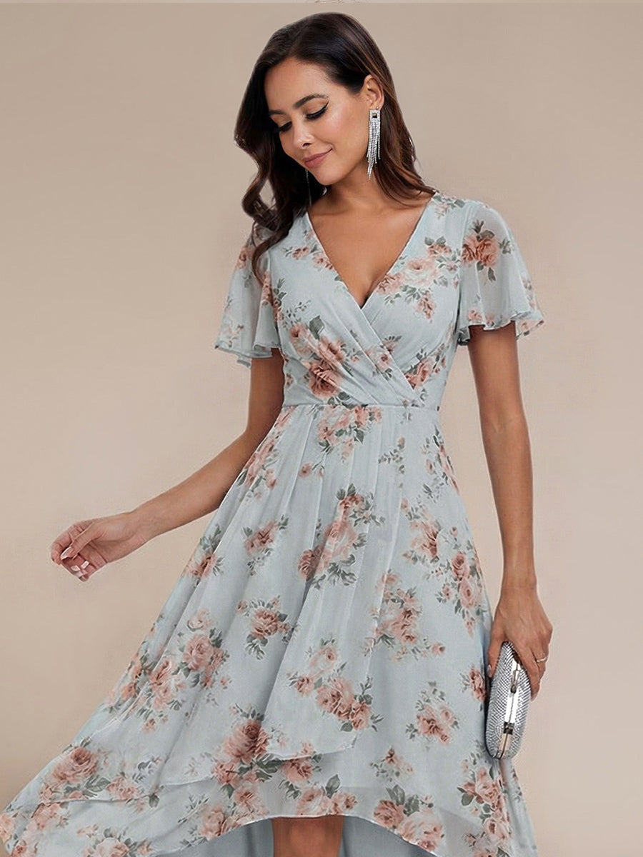 Deep V-Neck Chiffon Ruffle Sleeve Wedding Guest Dress #color_Amber Bloom