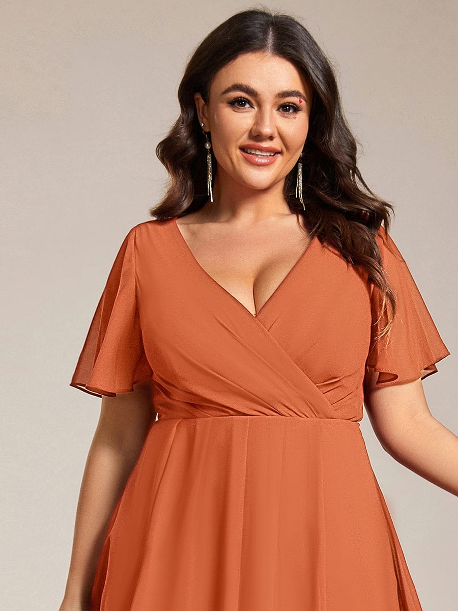 Plus Size Chiffon Short Sleeves Pleated V-Neck A-Line Midi Wedding Guest Dress #color_Brandied Melon