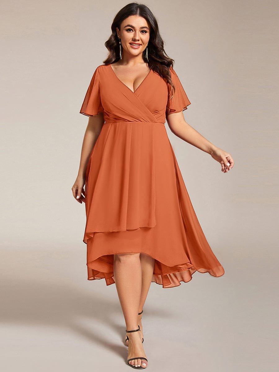 Plus Size Chiffon Short Sleeves Pleated V-Neck A-Line Midi Wedding Guest Dress  #color_Brandied Melon