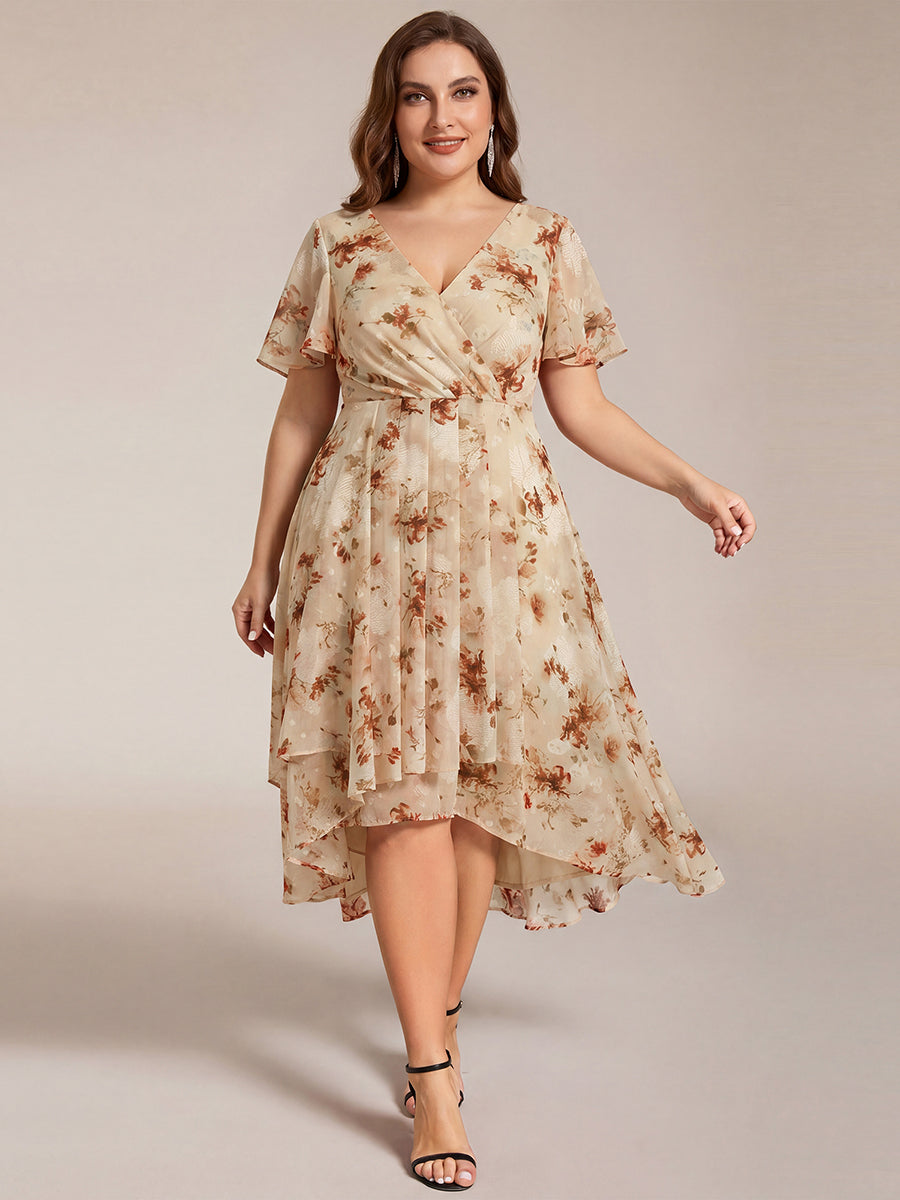 Plus Size Chiffon Short Sleeves Pleated V-Neck A-Line Midi Wedding Guest Dress #color_Champagne Print