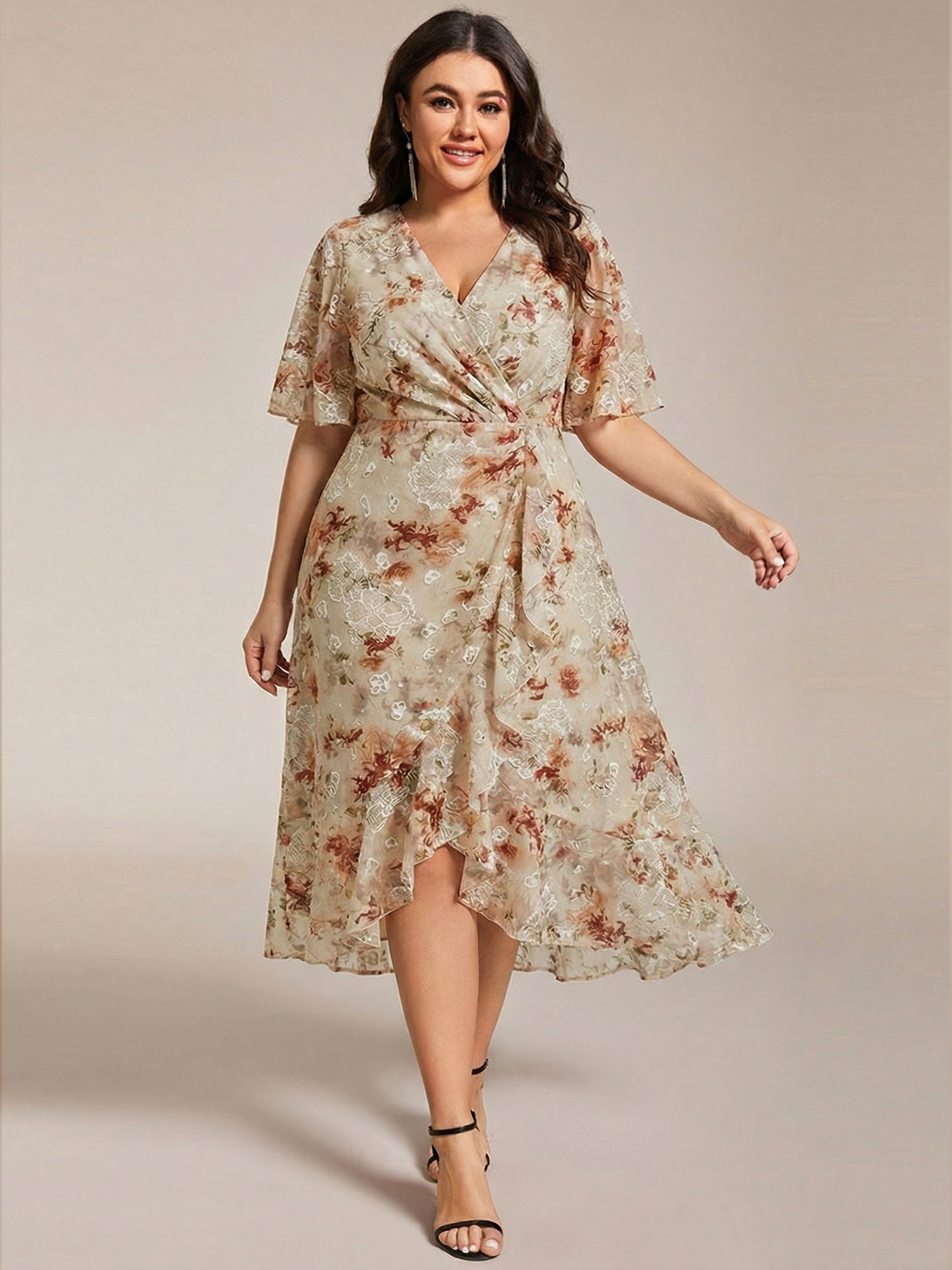 Plus Size Chiffon Short Sleeves Pleated V-Neck A-Line Midi Wedding Guest Dress #color_Champagne Print