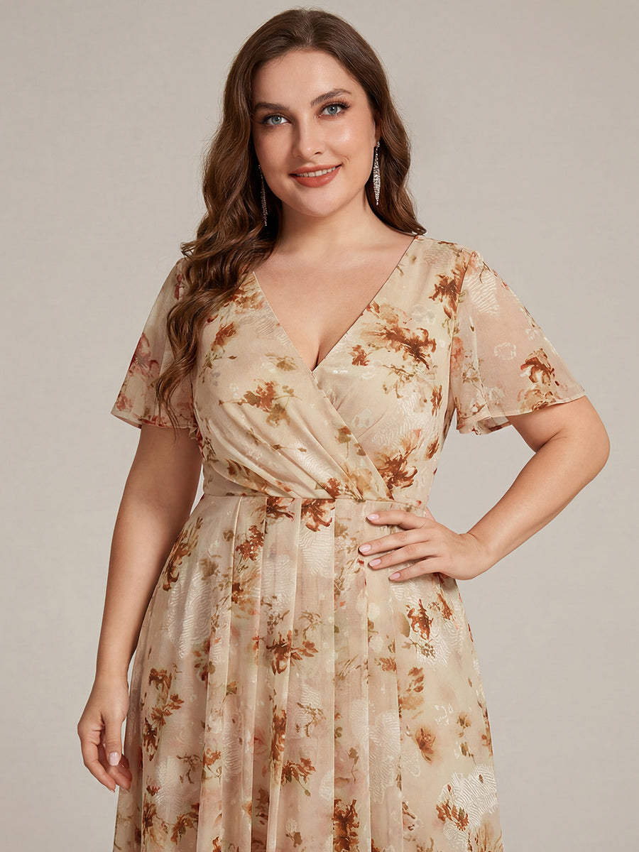 Deep V-Neck Chiffon Ruffle Sleeve Wedding Guest Dress #color_Champagne Print