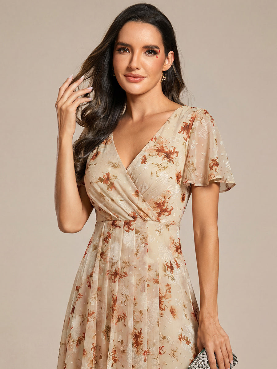 Deep V-Neck Chiffon Ruffle Sleeve Wedding Guest Dress #color_Champagne Print