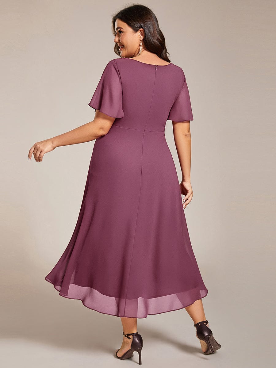 Plus Size Chiffon Short Sleeves Pleated V-Neck A-Line Midi Wedding Guest Dress  #color_Damson