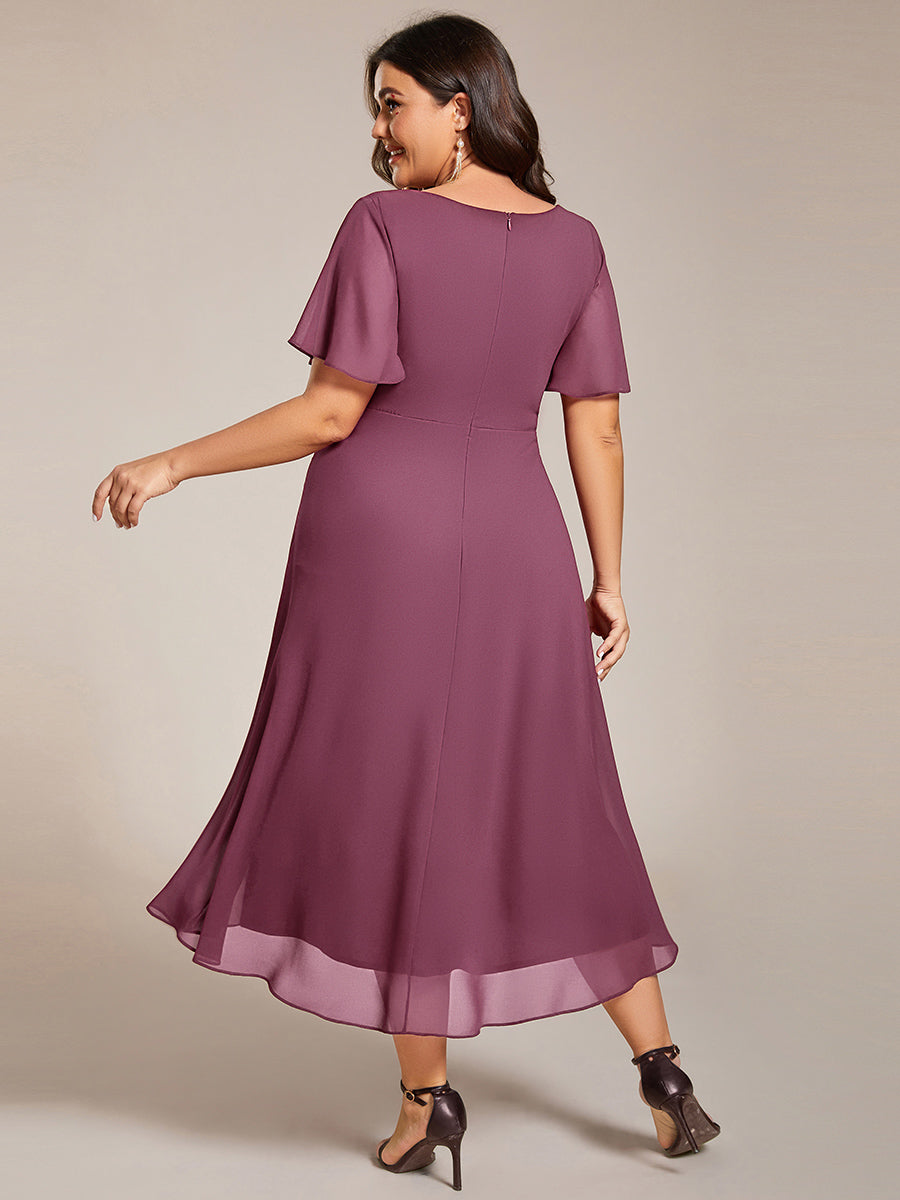 Plus Size Chiffon Short Sleeves Pleated V-Neck A-Line Midi Wedding Guest Dress #color_Damson