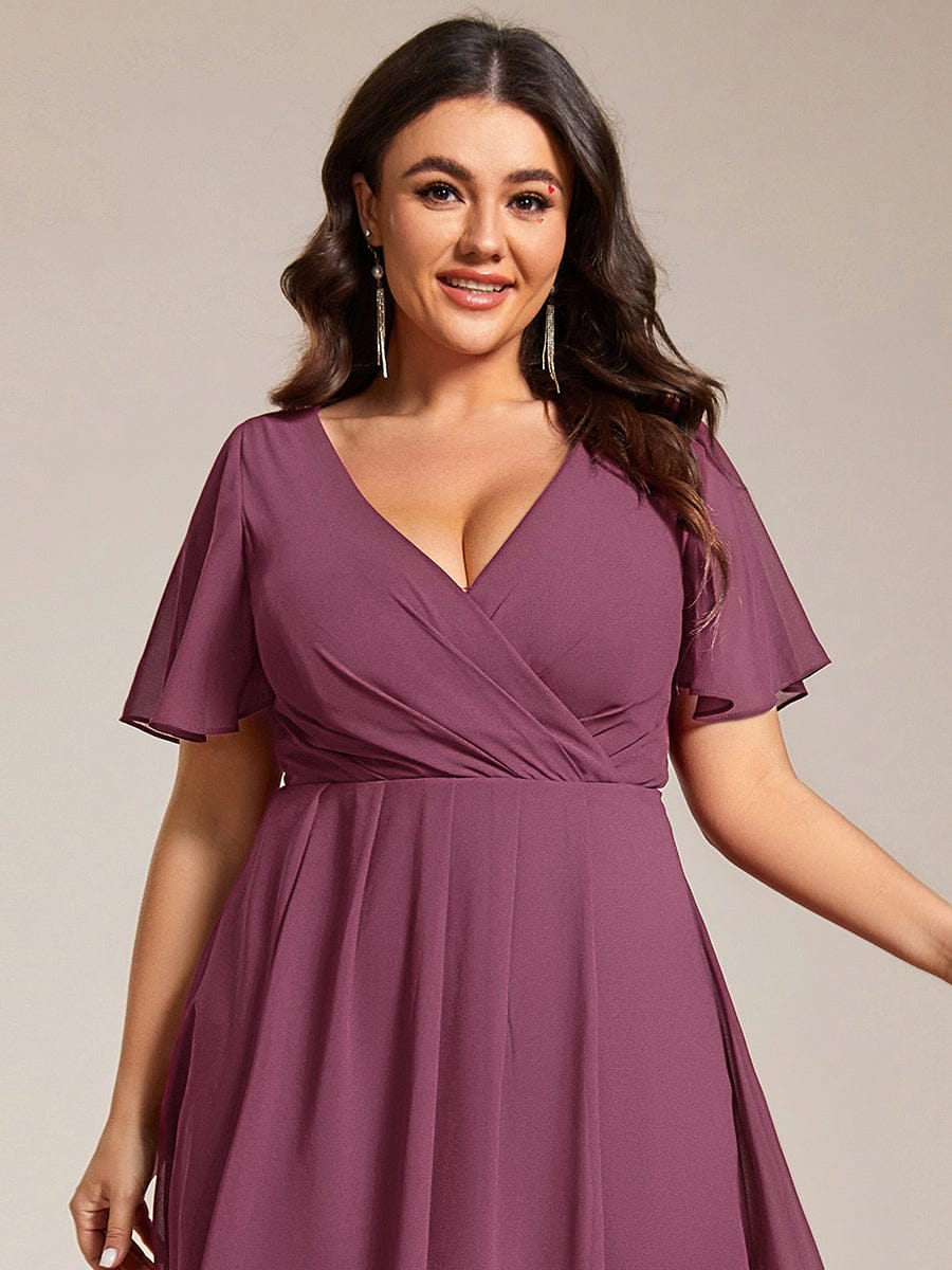 Plus Size Chiffon Short Sleeves Pleated V-Neck A-Line Midi Wedding Guest Dress #color_Damson