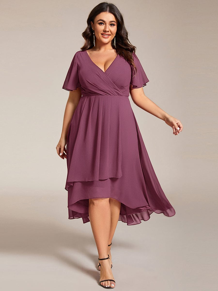 Plus Size Chiffon Short Sleeves Pleated V-Neck A-Line Midi Wedding Guest Dress #color_Damson