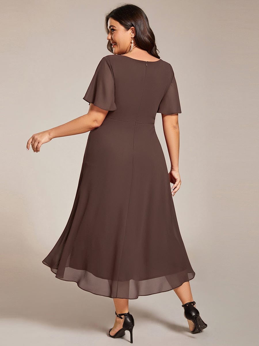 Plus Size Chiffon Short Sleeves Pleated V-Neck A-Line Midi Wedding Guest Dress #color_Espresso