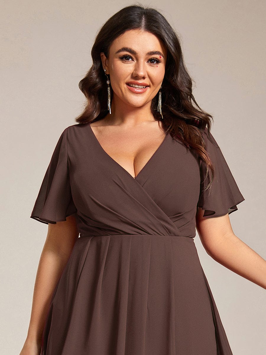 Plus Size Chiffon Short Sleeves Pleated V-Neck A-Line Midi Wedding Guest Dress  #color_Espresso