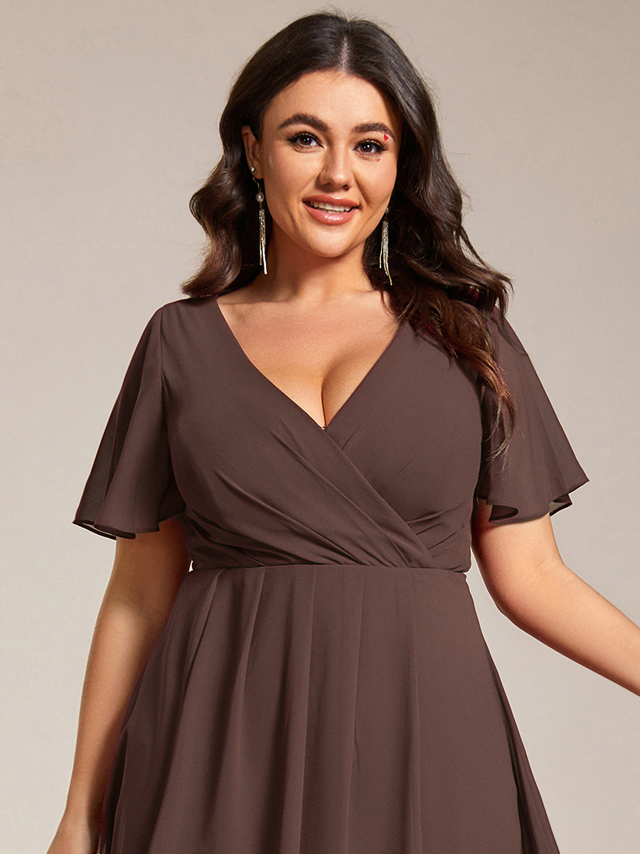 Plus Size Chiffon Short Sleeves Pleated V-Neck A-Line Midi Wedding Guest Dress #color_Espresso