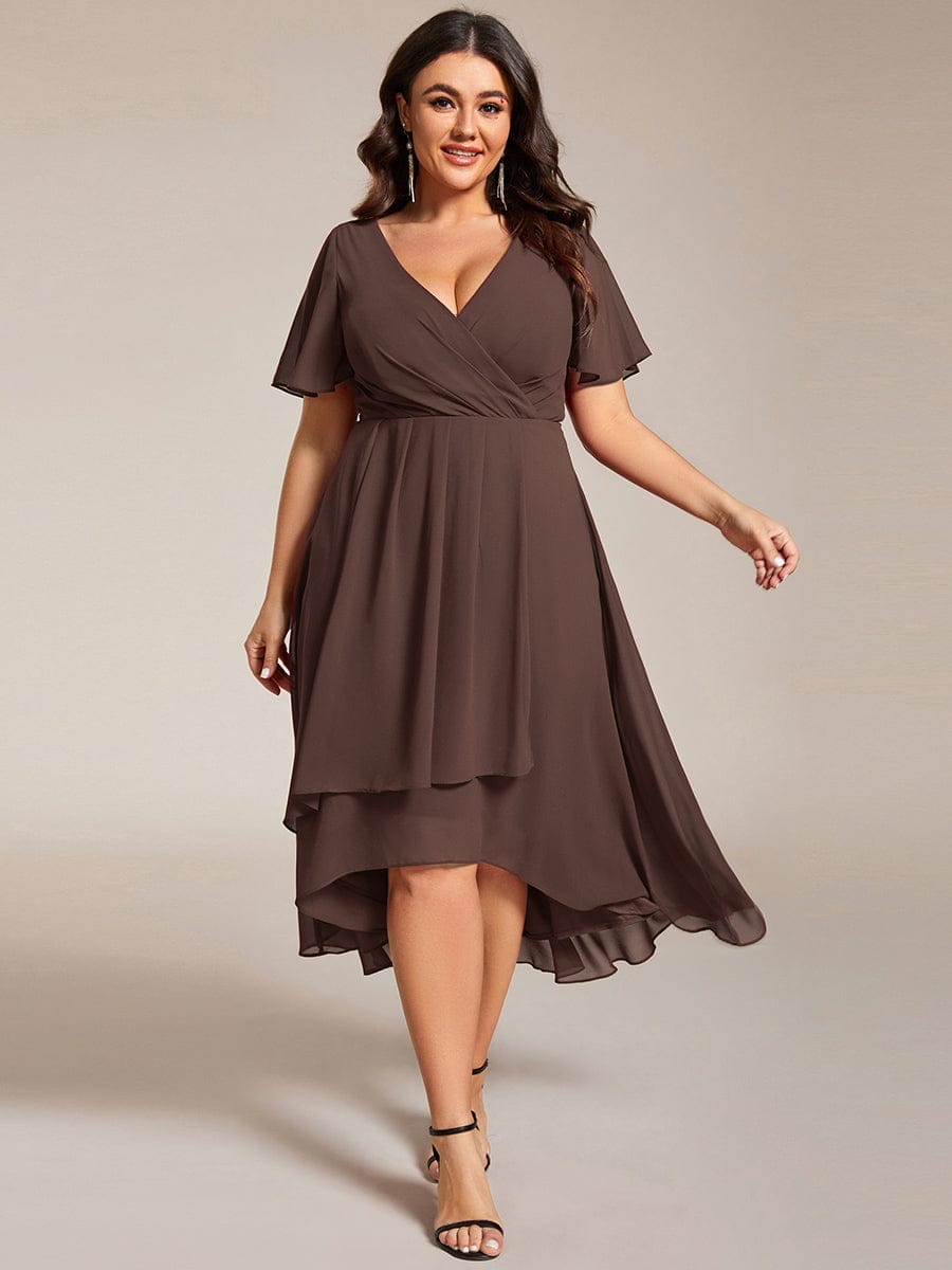 Plus Size Chiffon Short Sleeves Pleated V-Neck A-Line Midi Wedding Guest Dress  #color_Espresso