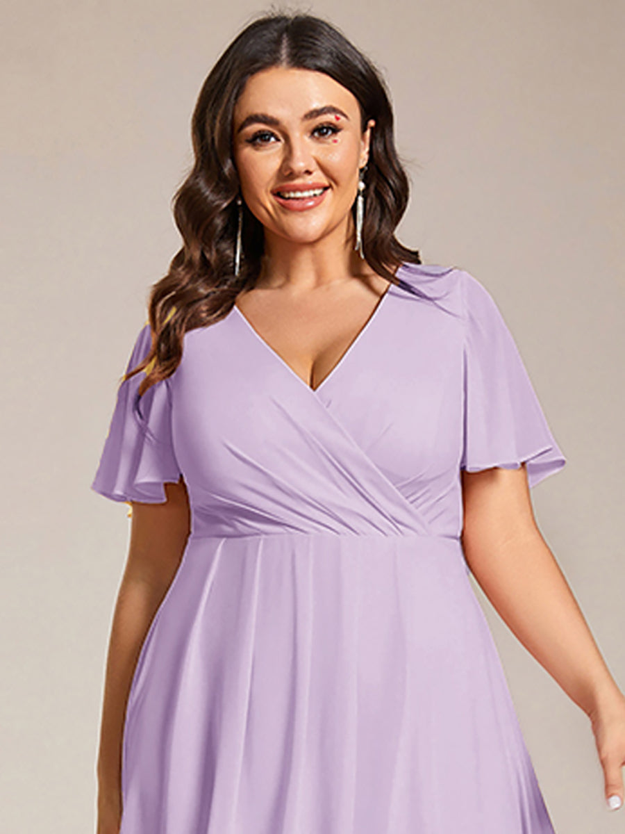 Plus Size Chiffon Short Sleeves Pleated V-Neck A-Line Midi Wedding Guest Dress #color_Frosted Lilac