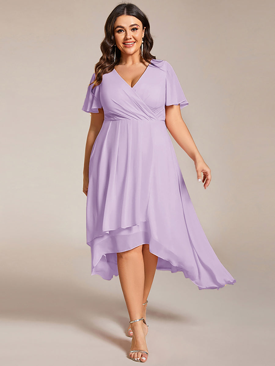 Plus Size Chiffon Short Sleeves Pleated V-Neck A-Line Midi Wedding Guest Dress #color_Frosted Lilac