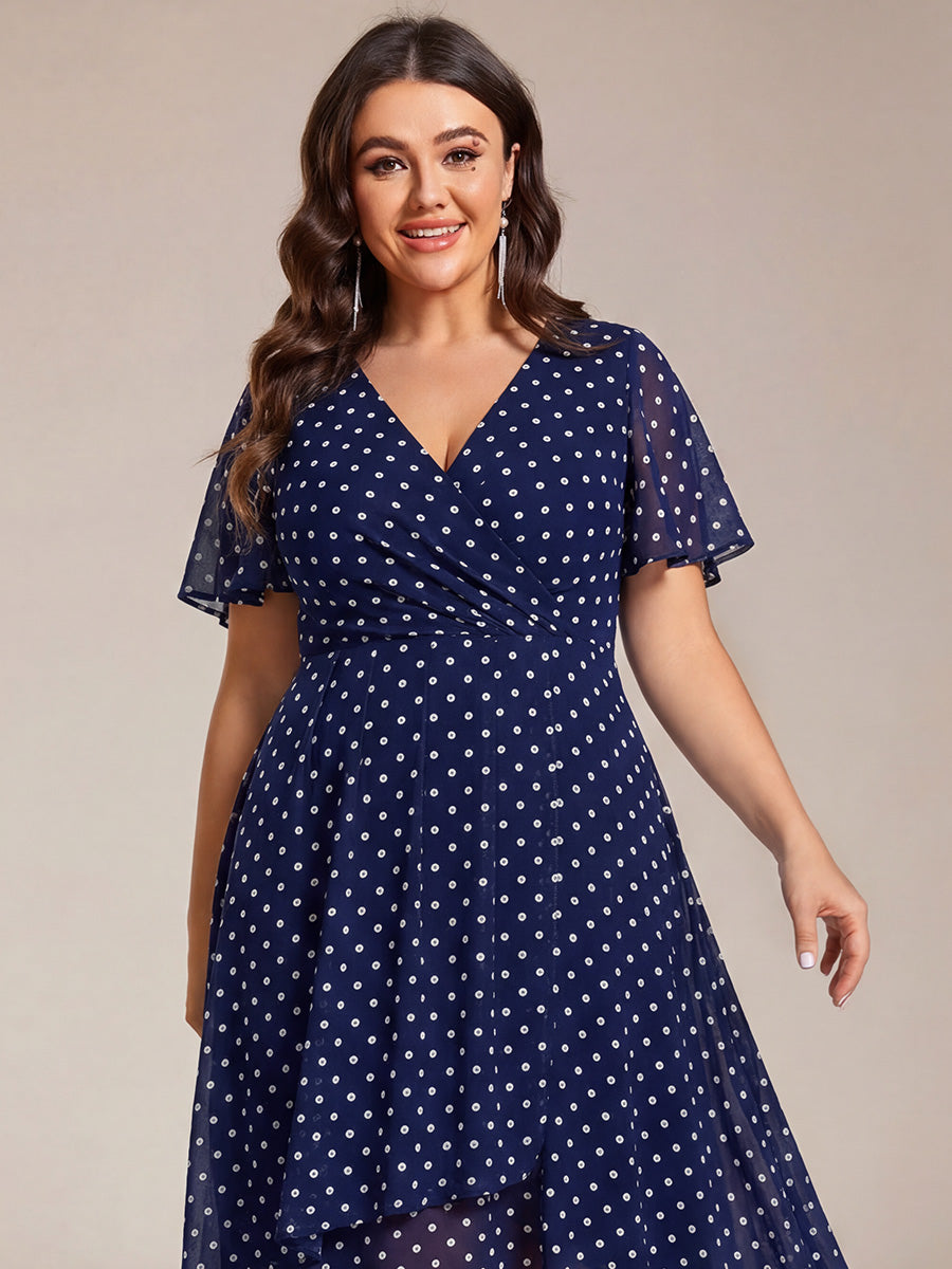 Plus Size Chiffon Short Sleeves Pleated V-Neck A-Line Midi Wedding Guest Dress #color_Navy Blue Polka Dots