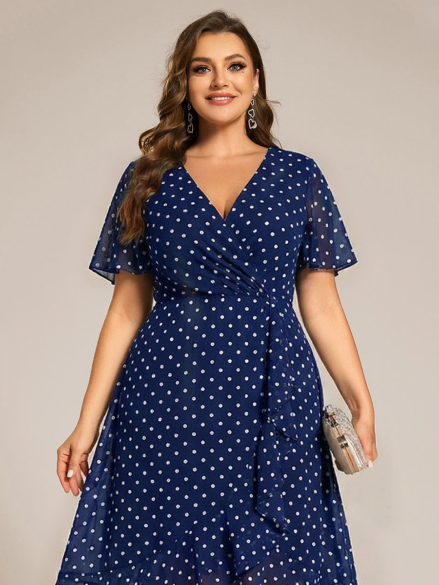 Plus Size Chiffon Short Sleeves Pleated V-Neck A-Line Midi Wedding Guest Dress #color_Navy Blue Polka Dots