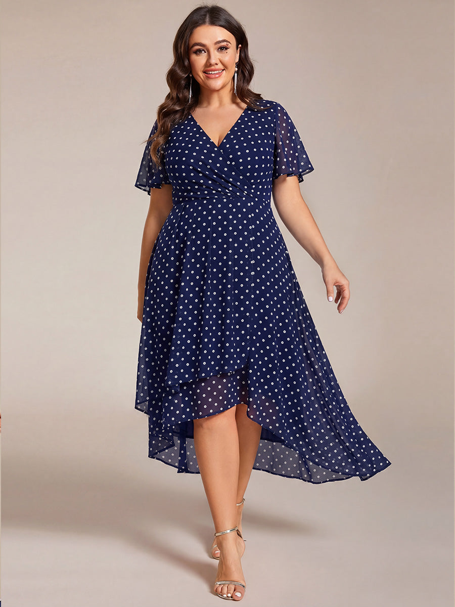 Plus Size Chiffon Short Sleeves Pleated V-Neck A-Line Midi Wedding Guest Dress #color_Navy Blue Polka Dots